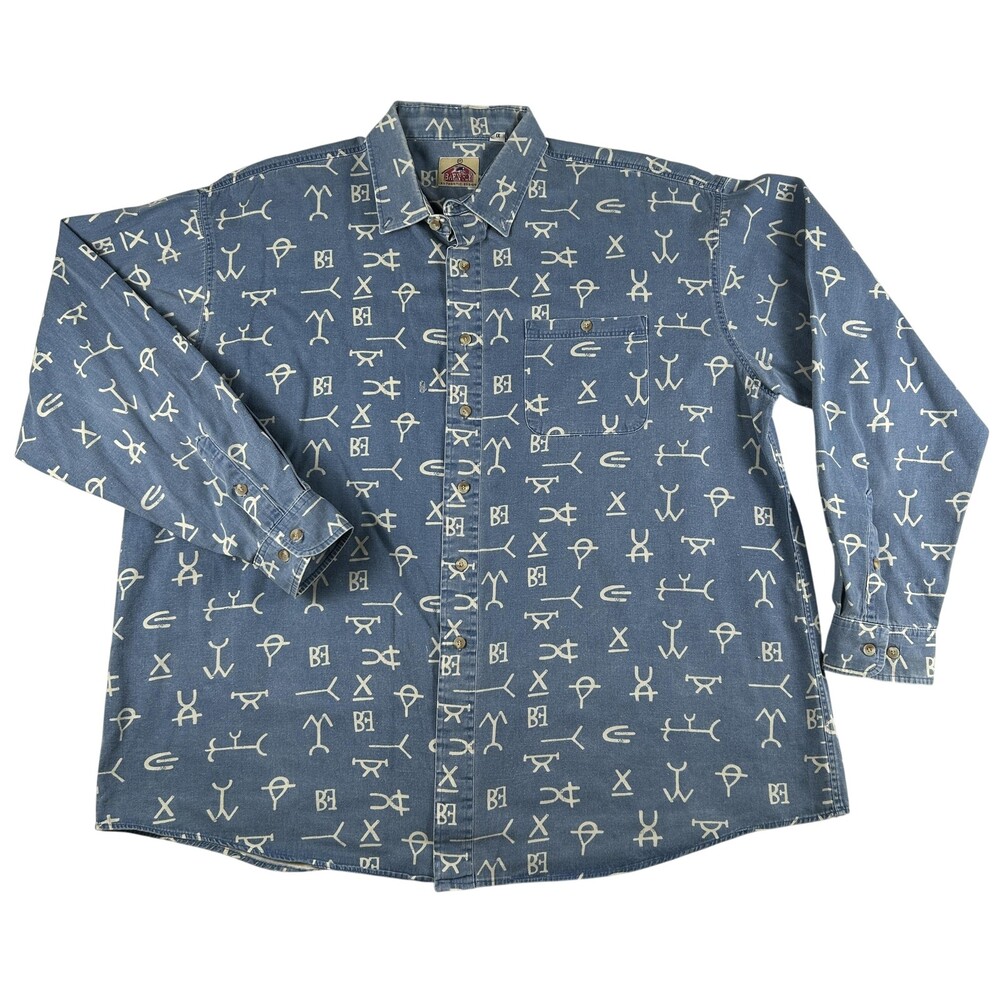 Vtg Barn Fly Shirt Mens XL Denim Brand AOP Print Long Sleeve Western Cowboy 90s